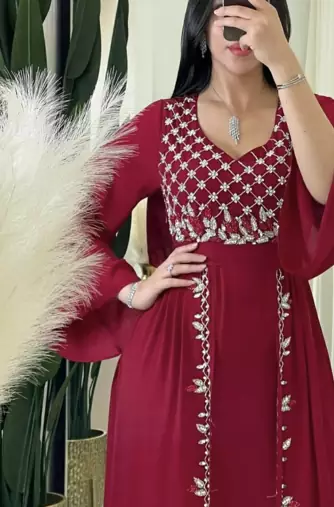 Royal Maroon Moroccan Stitched Kaftan with Silver Hand Embroidery | Elegant Satin Long Dress for Women