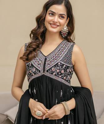 Black Art Silk Embroidery Work Anarkali Kurta Pant with Dupatta Set For Women  7