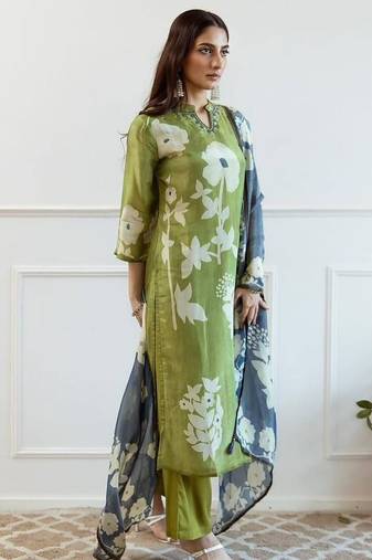 Floral embroidered green round neck cotton kurta with trouser & dupatta set