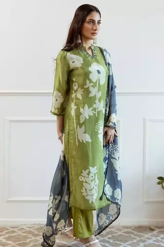 Floral embroidered green round neck cotton kurta with trouser & dupatta set