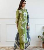 Floral embroidered green round neck cotton kurta with trouser & dupatta set