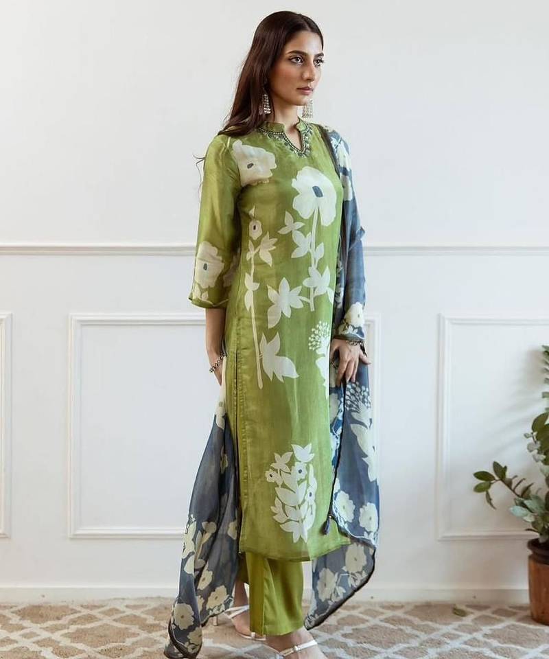 Floral embroidered green round neck cotton kurta with trouser & dupatta set
