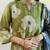 Floral embroidered green round neck cotton kurta with trouser & dupatta set