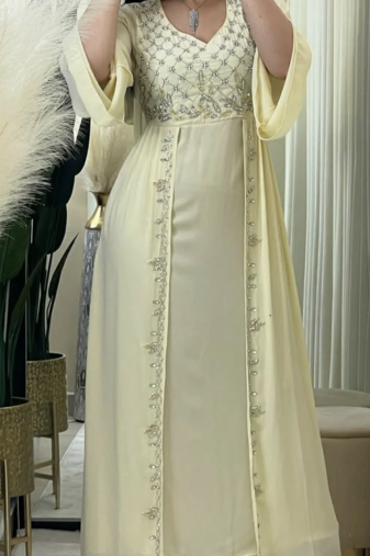 Premium Light Gold Embroidered Stitched Kaftan with Hand Beaded Detailing & Elegant Flow