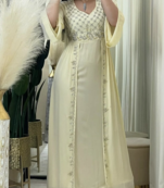 Premium Light Gold Embroidered Stitched Kaftan with Hand Beaded Detailing & Elegant Flow