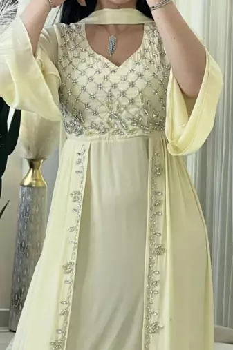 Premium Light Gold Embroidered Stitched Kaftan with Hand Beaded Detailing & Elegant Flow