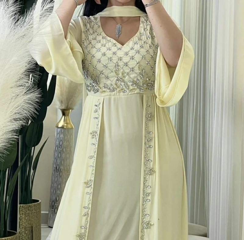 Premium Light Gold Embroidered Stitched Kaftan with Hand Beaded Detailing & Elegant Flow