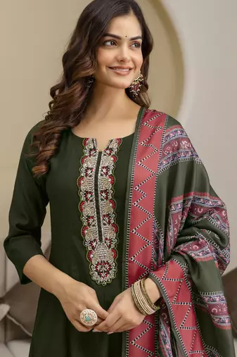 Trendmalls Art Silk Hand Work Embroidery Anarkali Kurta Pant with Printed Dupatta Set