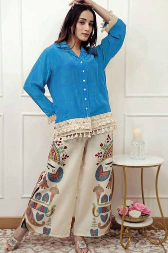 Floral printed blue round neck cotton co-ord set