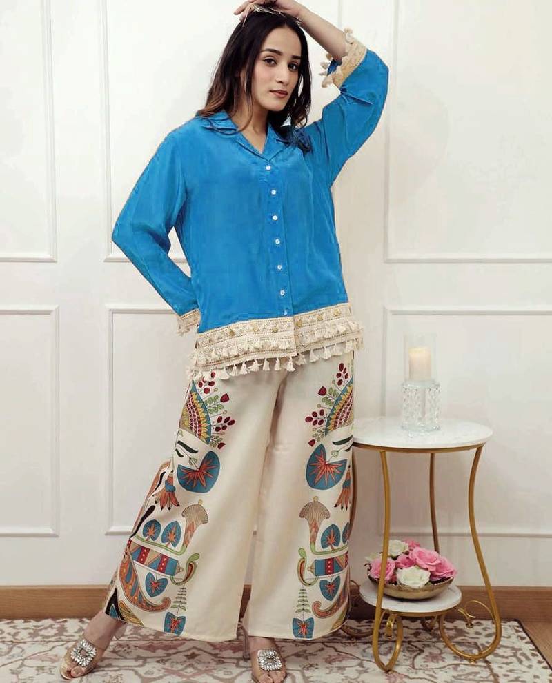 Floral printed blue round neck cotton co-ord set