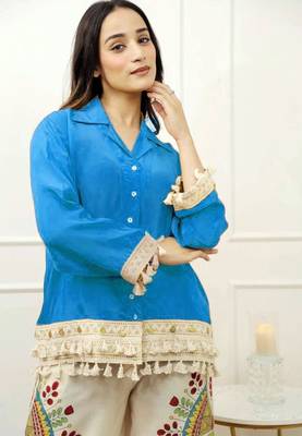 Floral printed blue round neck cotton co-ord set 2