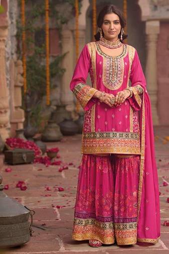 stylish pink floral printed heavy wedding wear gharara suit for women