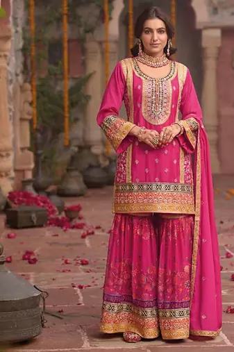 stylish pink floral printed heavy wedding wear gharara suit for women