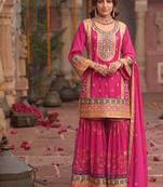 stylish pink floral printed heavy wedding wear gharara suit for women