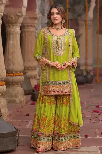 parrot green floral printed heavy wedding wear gharara suit for women-Full Stitched free size
