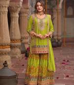 parrot green floral printed heavy wedding wear gharara suit for women-Full Stitched free size