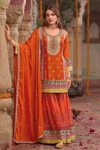 orange floral printed heavy wedding wear gharara suit for women-Full Stitched free size