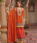 orange floral printed heavy wedding wear gharara suit for women-Full Stitched free size