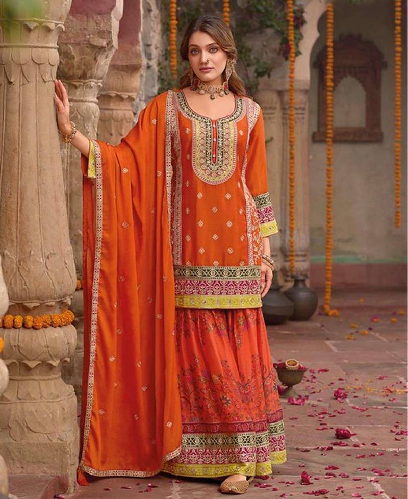 stylish orange floral printed heavy wedding wear gharara suit for women