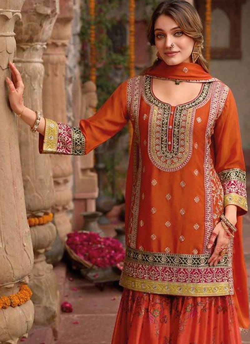 stylish orange floral printed heavy wedding wear gharara suit for women