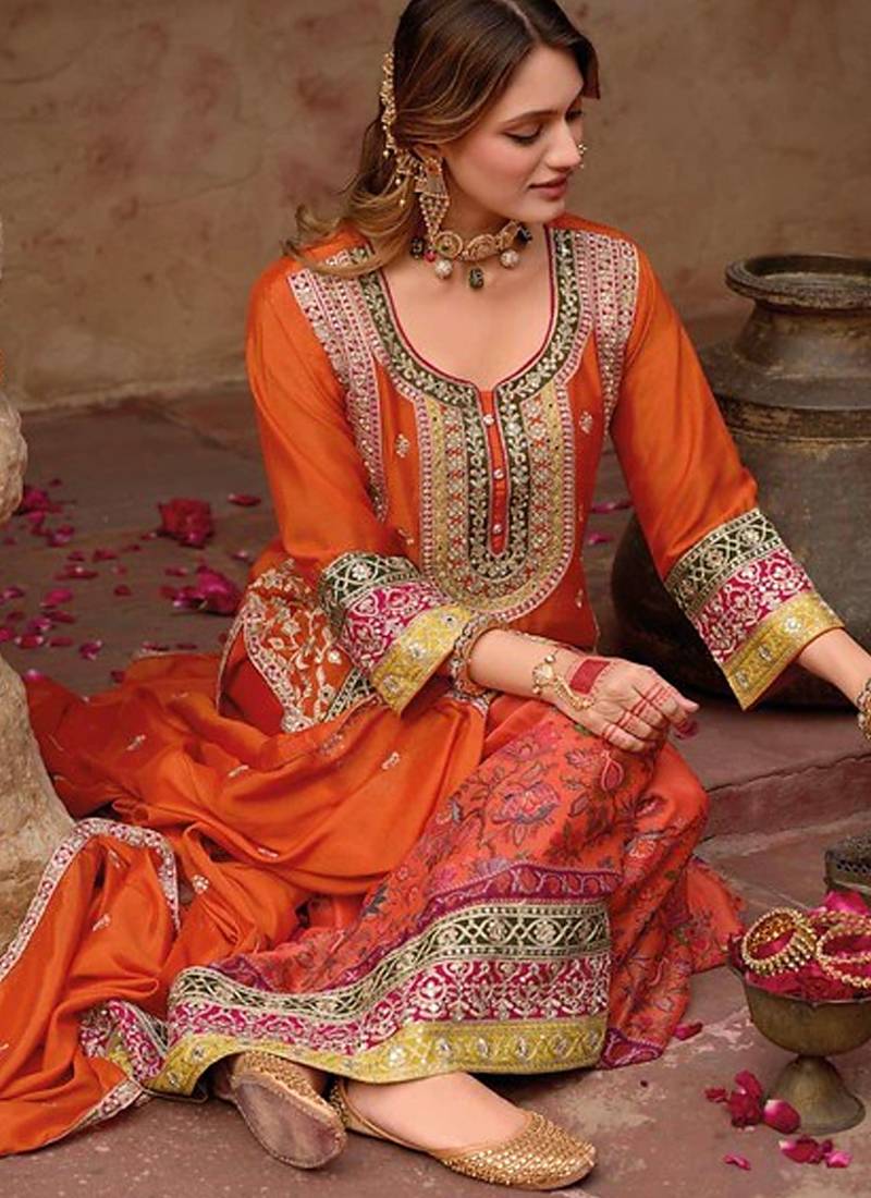 stylish orange floral printed heavy wedding wear gharara suit for women