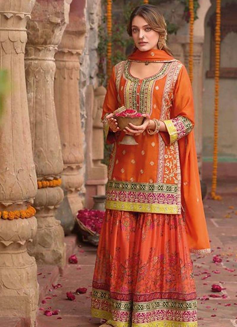 stylish orange floral printed heavy wedding wear gharara suit for women