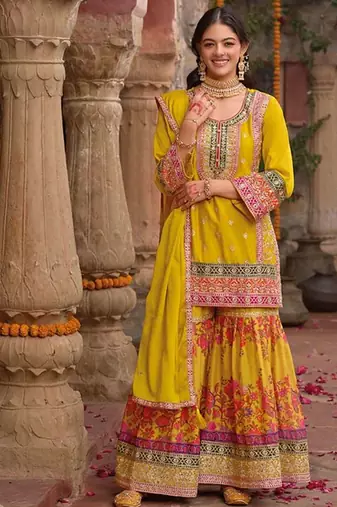yellow floral printed heavy wedding wear gharara suit for women-Full Stitched free size