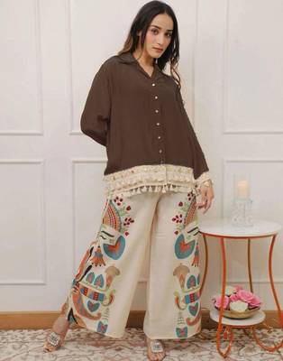 Floral printed brown round neck cotton co-ord set 1