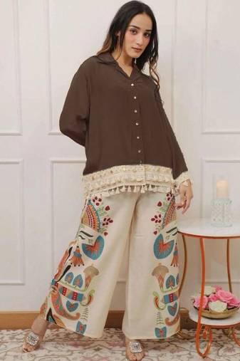 Floral printed brown round neck cotton co-ord set