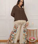 Floral printed brown round neck cotton co-ord set