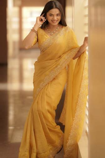 Pure Soft gold crush Multi thread embroidery with sequence work SAree With Blouse Set