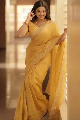 Pure Soft gold crush Multi thread embroidery with sequence work SAree With Blouse Set