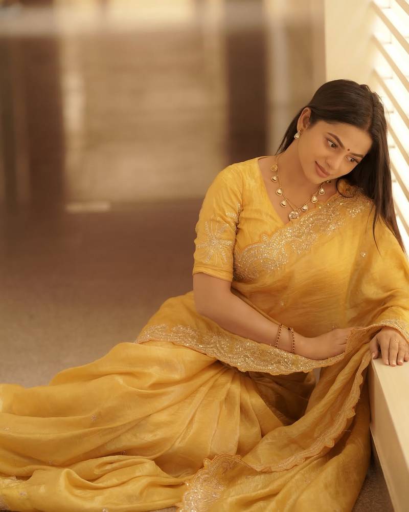 Pure Soft gold crush Multi thread embroidery with sequence work SAree With Blouse Set