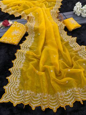 yellow embroidered designer silk blend saree 4