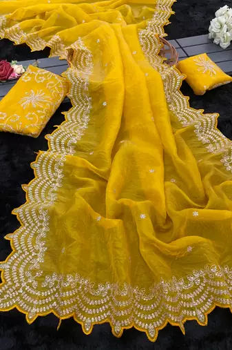 yellow embroidered designer silk blend saree