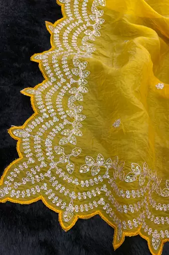 yellow embroidered designer silk blend saree