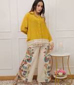Floral printed yellow round neck cotton co-ord set