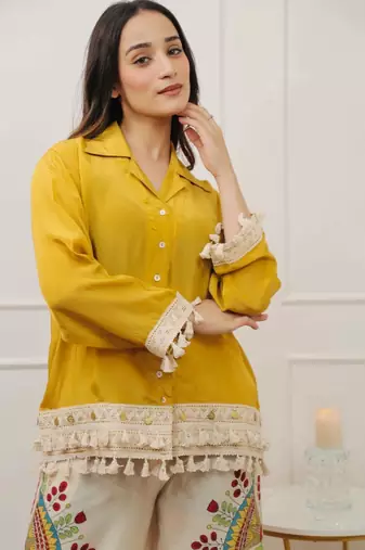 Floral printed yellow round neck cotton co-ord set
