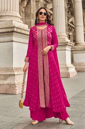trendy pink banarasi silk front slit anarkali suit for women party wear