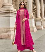 trendy pink banarasi silk front slit anarkali suit for women party wear-Full Stitched free size