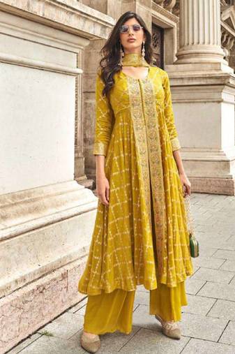 trendy yellow banarasi silk front slit anarkali suit for women party wear-Full Stitched free size