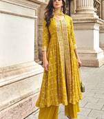 trendy yellow banarasi silk front slit anarkali suit for women party wear-Full Stitched free size