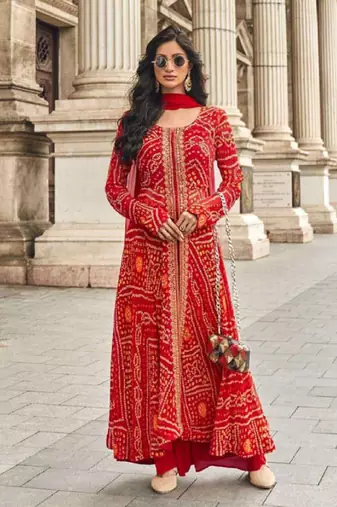 trendy red banarasi silk front slit anarkali suit for women party wear-Full Stitched free size