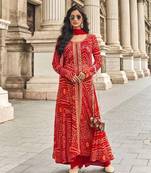 trendy red banarasi silk front slit anarkali suit for women party wear-Full Stitched free size