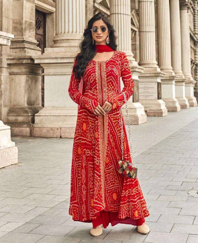 trendy red banarasi silk front slit anarkali suit for women party wear