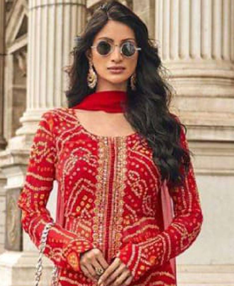 trendy red banarasi silk front slit anarkali suit for women party wear
