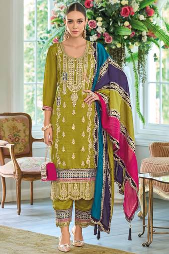 new Pakistani straight suit for women chinon fabric olive green
