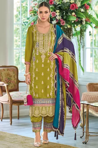 Pakistani straight suit for women chinon fabric olive green-Full Stitched free size