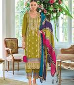 Pakistani straight suit for women chinon fabric olive green-Full Stitched free size