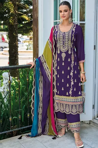 Pakistani straight suit for women chinon fabric purple-Full Stitched free size